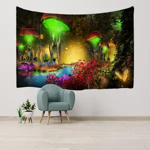 Paysage de conte de fées avec arbres et plantes fantaisie, tapisserie réactive aux uv pour champignons