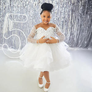 Bambine bianche abiti da ragazza fiore per matrimonio su misura collo trasparente maniche lunghe con paillettes in pizzo per festa di compleanno - Product Image 1