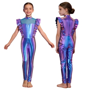 Girls Metallic Dance Jumpsuit Rhinestone <b>Mesh</b> Mock Neck Ruffle Sleeve <b>Unitard</b> Jazz Contemporary Stage Performance Competition - Product Image 2