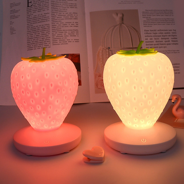 Cute Home Strawberry Night Light USB Charging Bedside Decorative Lamp LED Silicone Eye Protection Table Lamp