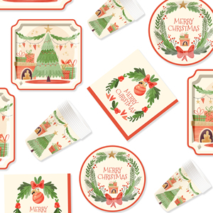 DAMAI Merry Christmas Festival Party Supplies <b>Square</b> and Round Shape Dessert Paper <b>Plate</b> Disposable Tableware <b>Set</b> for Christmas - Product Image 3