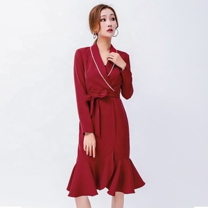 La última de las mujeres maduras 2019 Sexy lazo cruzado de manga larga Casual Maxi vestido con cinturón - Product Image 2