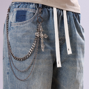 Multi Layered Gunmetal Rhinestone <b>Cross</b> Trouser <b>Chain</b> For Daily Wear Hip Hop Style Zinc Alloy Waist <b>Chain</b> With Double Ring - Product Image 1