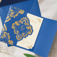 Carte de vœux de luxe personnalisée OEM, modèle RP, en papier rigide, impression numérique, rose, gaufrage doré, acrylique, double pliage, pour mariage
