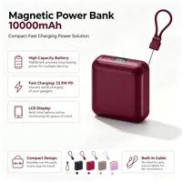 Mini Tragbare 10000mAh Powerbank 22,5W PD Schnellladung Eingebautes USB-C-Kabel LCD Digital Powerbank für Mobiltelefone und Reisen