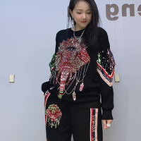 Ensemble femme brodé de sequins rouges, sweat-shirt à col rond à manches longues, pantalon de jogging, ensemble deux pièces, automne hiver