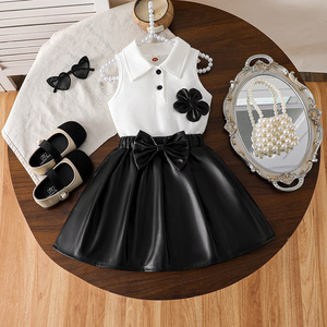 Girls' Cotton <strong>White</strong> Color Top &amp; PU <strong>Leather</strong> <strong>Skirt</strong> with Bow Two-Piece Set Breathable Casual - Product Image 1