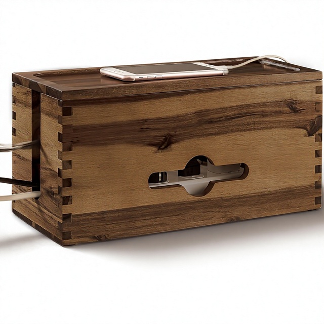 Acacia Wood Modern Rectangle Large Cable Management Box 15" L Cord Hider Office Surge Protector 3 Open Slots Magnetic Lid