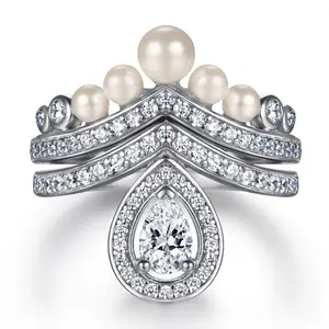 Chất Lượng Cao New S925 Bạc Của Phụ Nữ Engagement Ring Drop Shaped Ngọc Trai Cổ Điển Phong Cách Thiết Kế Sang Trọng Cho Món Quà Cưới