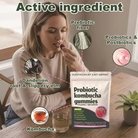 Gummies probiotiques Kombucha avec Lactobacillus Plantarum, fibres prébiotiques, écorce d'orme rouge, racine de pissenlit, 30 unités, complément alimentaire