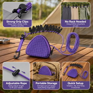 Corde à linge portable OEM pour camping en extérieur avec 12 pinces, corde réglable et pochette de rangement - Product Image 3