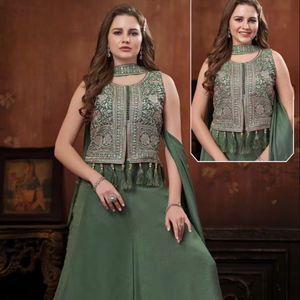 Designer Indo Western Palazzo Suit <b>for</b> Women with Embroidered <b>Jacket</b> Style Top and Dupatta <b>for</b> Festive <b>Wedding</b> Party Wear - Product Image 1
