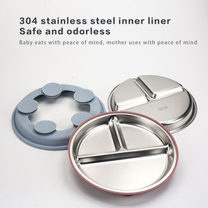 Vaisselle ronde pour enfants divisée en compartiments, assiettes en acier inoxydable pour bébé, manchons en silicone avec ventouses - Product Image 4