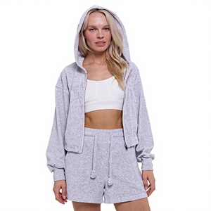 Conjunto de Top Corto con Capucha y Pantalones Cortos para Mujer, Manga Larga, Color Sólido, Estilo Deportivo, Gris, Largo por Encima de la Rodilla, Corte Holgado - Product Image 1