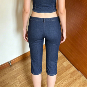 <b>Elastic</b> Faux Denim Stitch Detail Bermuda Shorts Casual Summer Street Mid-Length Bottoms - Product Image 5