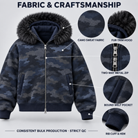 Sweat à capuche zippé unisexe surdimensionné et épais, motif camouflage marine, avec fermeture éclair bidirectionnelle et bordure en fourrure, style streetwear, fournisseur en gros pour marques