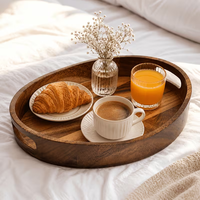 Plateau de service rond en bois d'acacia, plateau décoratif rond en bois pour table centrale, plateau de service rond en bois d'acacia avec poignée