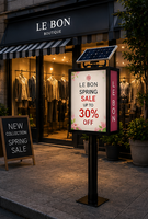 Enseigne lumineuse solaire LED commerciale pour magasin indépendant, signalisation extérieure avec cadre en aluminium étanche et éclairage LED