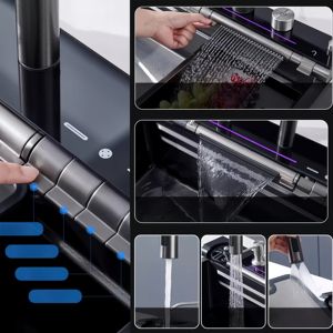 Fregadero de cascada de <span class=keywords><strong>pez</strong></span> ballena azul, pantalla Digital, panal de abeja, cuenco individual grueso de acero inoxidable 304, Mostrador de cocina para el hogar, uno - Product Image 4