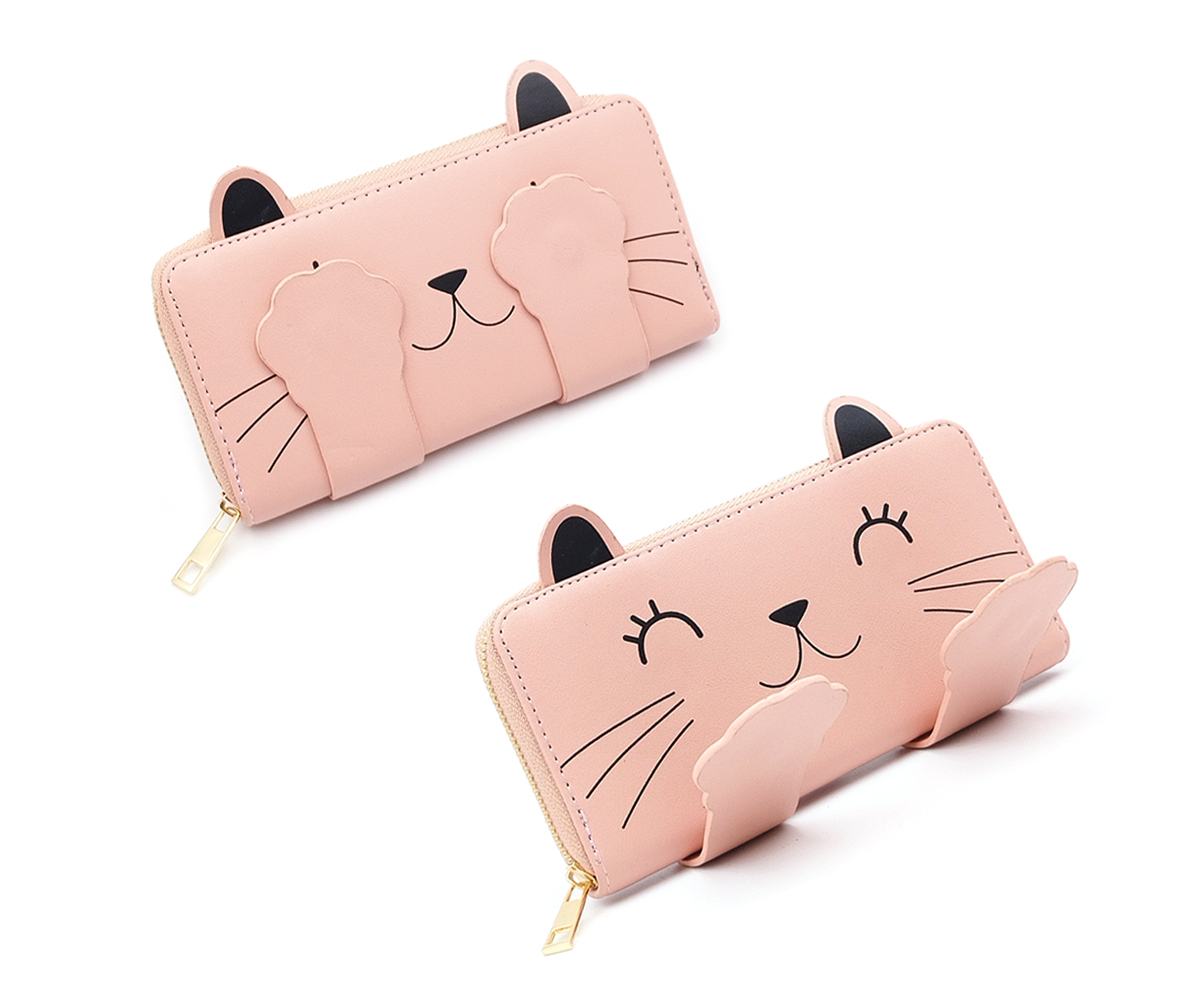 Cute Cat Design Zip-Around Girls Wallet with Coin Purse Long Length PU Lining Zipper Closure
