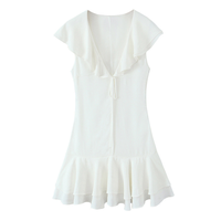 Robe d'été mini à col en V à motif uni pour femmes, couleur blanche, dentelle sur le devant, sans manches, robes décontractées à la mode pour femmes, sur mesure