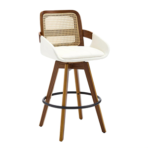 Modern 360 Swivel Rattan <strong>Back</strong> Bar <strong>Stool</strong> <strong>with</strong> Upholstered Seat and Bentwood Frame for Kitchen Counter Height - Product Image 1
