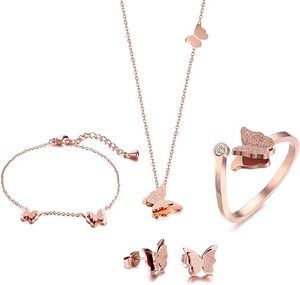 Parure de bijoux papillon en acier inoxydable plaqué or rose pour femme : collier, bracelet, bague et boucles d'oreilles pour soirée - Product Image 1