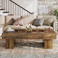 Table basse rustique en bois grainé marron avec éclairage d'ambiance LED intégré et poche de rangement centrale, mobilier de salon