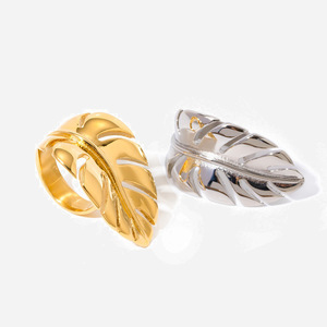 Leaf Shaped <b>Open</b> <b>Ring</b> Titanium Steel 18k Gold Plated Polished Unisex Fashion Jewelry Gift - Product Image 1