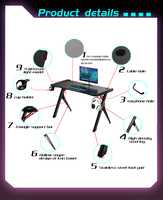 Prix d'usine de haute qualité LED-Lit extensible PC Gaming Desk Carbone Surface Bois Métal Matériel pour les joueurs