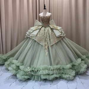 Vestido de Quinceañera de Lujo Mct031 en Verde Salvia, Sin Tirantes, con Corsé de Mariposa, Lazo en la Cintura, Volantes, Estilo Princesa, Jancember - Product Image 5