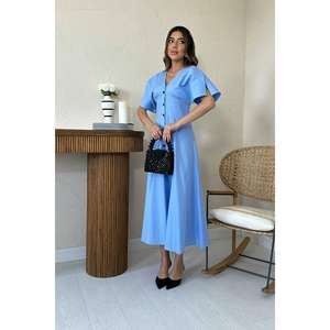 Robe midi bleue à col en V, coupe trapèze, taille naturelle, en popeline tissée respirante, pour usage quotidien décontracté - Product Image 4