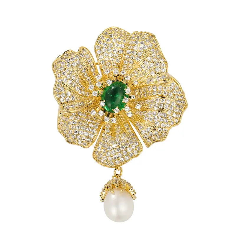 R.GEM. New Arrival Copper High Quality Zircon Green Chalcedony Freshwater Pearl Camellia Flower Brooch