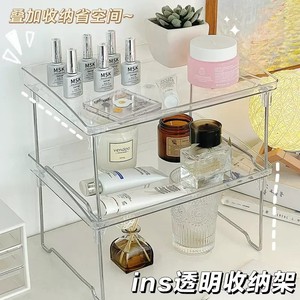 Acrylic Double Layer Storage Rack Transparent <b>Foldable</b> <b>Desk</b> Organizer For <b>Office</b> Dormitory Desktop Makeup Cosmetic Holder - Product Image 4