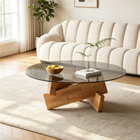 Table basse moderne minimaliste en verre trempé durable avec cadre en bois, meuble décoratif mobile de luxe pour salon, gain de place