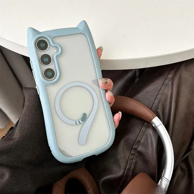 Cute Cat Ear Phone Case for Samsung Galaxy S25Ultra S25 S24 S23 Plus Transparent PC Magnetic Cover Wireless Charge Shell