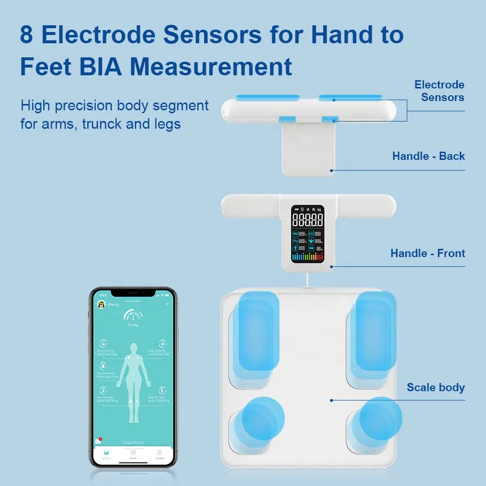 Báscula Digital inteligente para medición de grasa corporal, dispositivo con 8 sensores, con información profesional