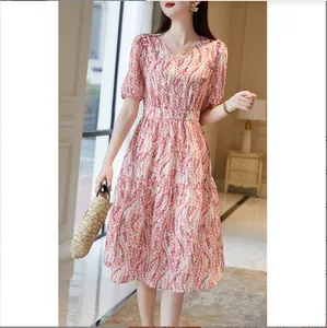 Women's high-end red printed short sleeved V-neck slim fitting sexy dress