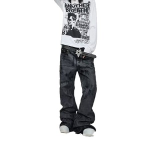 Black Washed Flare Jeans for Men Vintage Streetwear Denim Pants Mid Waist Regular Fit - Product Image 2