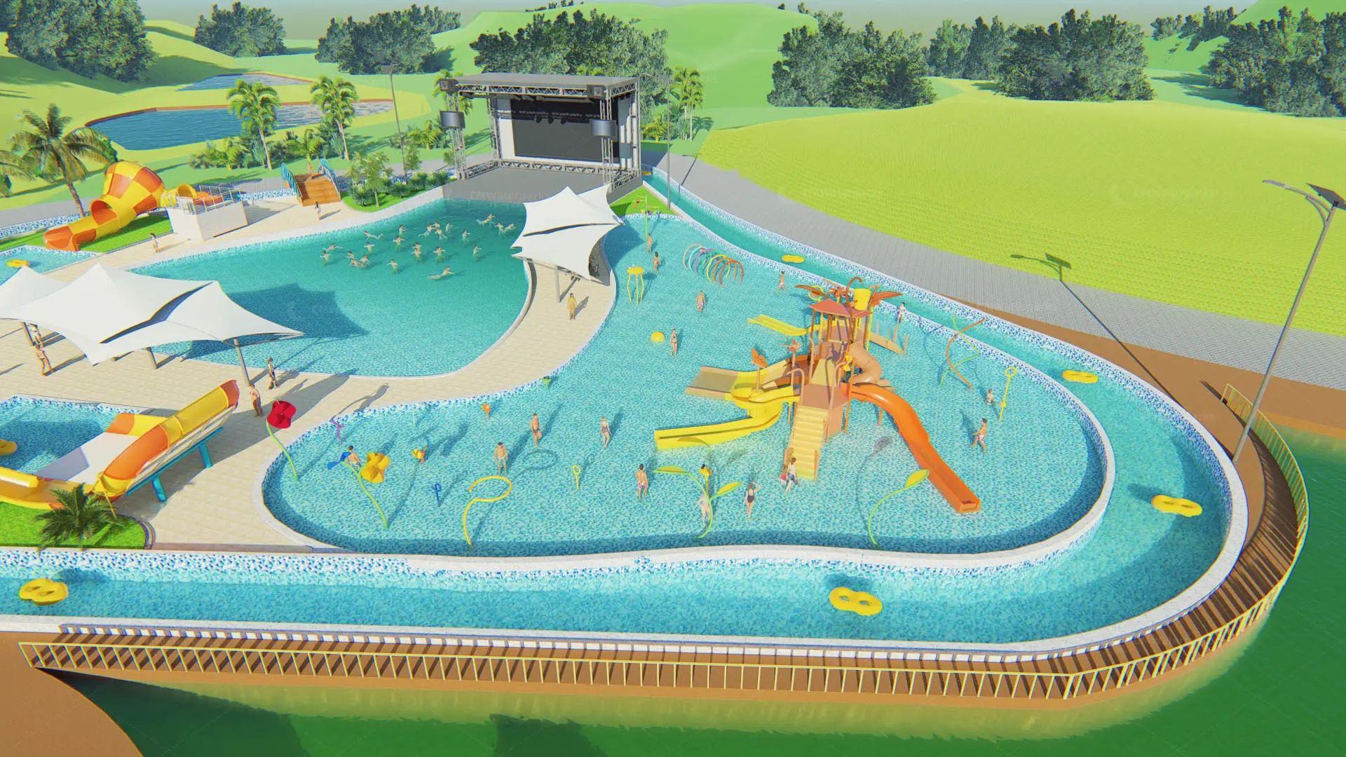 Equipamento comercial de parque aquático com desenho 3D, playground aquático ao ar livre, casa aquática divertida com escorregador de piscina em fibra de vidro ao ar livre