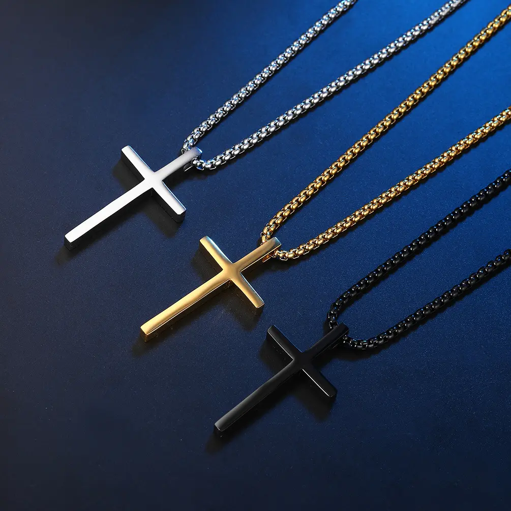 Colar Masculino Stainless Steel Jesus Cross Pendant Necklace Erkek Kolye Black Gold Plated Cross Simple Pendant Couple Necklace