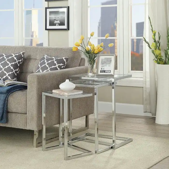 Table d'angle transparente en acier inoxydable, 3 pièces, design moderne, idéale pour la maison, les meubles d'hôtel