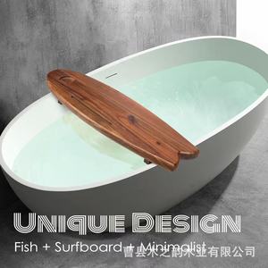 Estante de madera maciza para bañera, forma de tabla de surf, 60x70cm, estante de baño multifuncional montado en la pared para teléfono, tableta y bebidas - Product Image 4