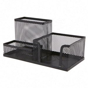 Organisateur de bureau en maille avec porte-crayons, accessoires de bureau, paniers de rangement, 3 compartiments, porte-stylos en métal - Product Image 3