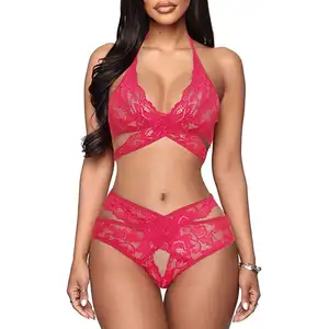 Hete Verkoop 2021 Kant Sexy Lingerie Vrouwen Uitgehold Sexy Tweedelige Lingerie Set Kousenband Mesh Sexy Dames Bralette Nachtkleding