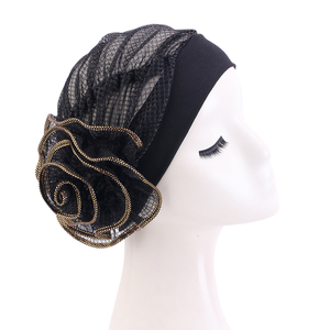 Mode noir grande fleur <span class=keywords><strong>Snood</strong></span> adulte musulman chimio casquette cheveux tête Wrap Turban pour les femmes mariage - Product Image 3