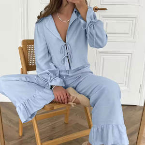 Conjunto de <span class=keywords><strong>Pijama</strong></span> para <span class=keywords><strong>Mujer</strong></span>, Cárdigan, Conjunto de <span class=keywords><strong>Pijama</strong></span>, Conjunto de <span class=keywords><strong>Pijama</strong></span> con Cordones, Mangas Largas con Volantes, Pantalones, Dos Piezas, Ropa de Dormir de Algodón para <span class=keywords><strong>Mujer</strong></span> - Product Image 4