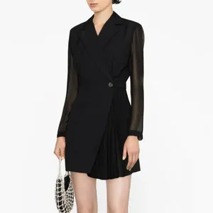OEM Sheer Georgette Long Sleeve 1 Button Pleated Panel Women Blazer Dress