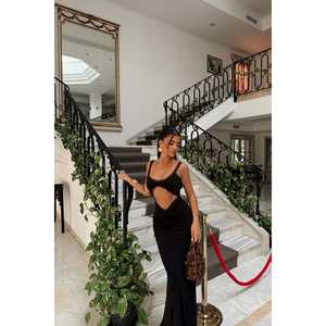 Robe de soirée noire à détails transparents, taille XS, style A-line, en mousseline de polyester, taille empire, longueur maxi, imprimée, pour soirée formelle - Product Image 1