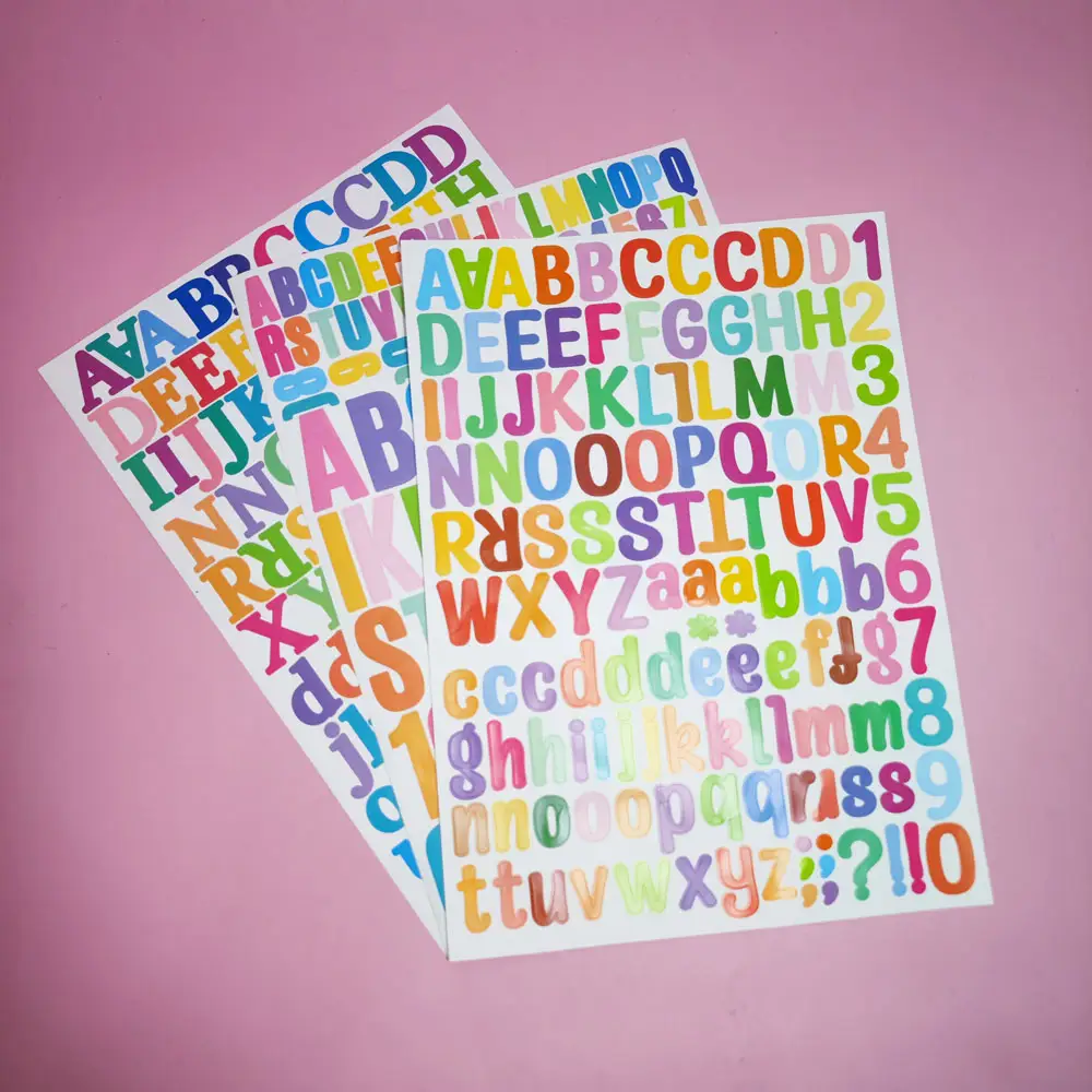 Gf Fabriek Custom A4 Kleur Alfabet Letter Sticker Zelfklevend Vinyl Letter Nummer Stickers Voor Diy Plakboek Decor